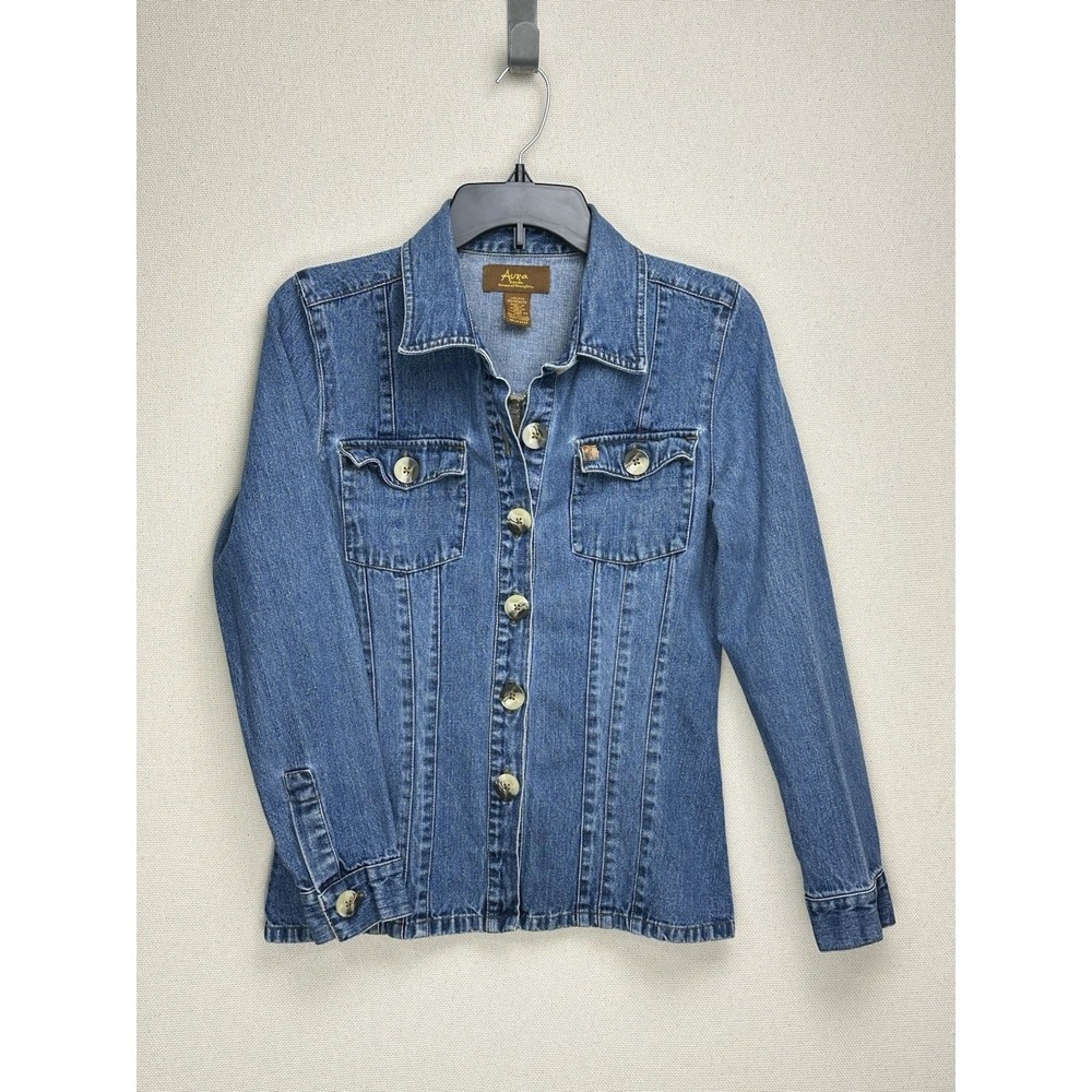 Aura Women 100% Cotton Denim Jacket‎ XS Blue Western Button Front LU0392N